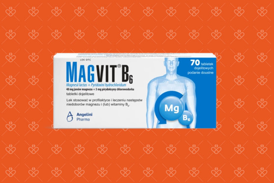 Opakowanie leku Magvit B6 (70 tabletek dojelitowych) z widocznym oznaczeniem dawki 48 mg magnezu i 5 mg witaminy B6.