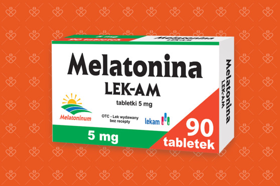 Opakowanie Melatonina LEK-AM 5 mg, 90 tabletek — widok frontu tekturowego pudełka z oznaczeniem dawki i liczby tabletek
