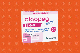 Dicopeg Junior Free w mniejszym opakowaniu, 14 saszetek po 5 g makrogolu 3350 bez aromatu i słodzika. Dla dzieci od 6. miesiąca,